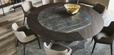 Moderna mesa de comedor redonda de cerámica y madera