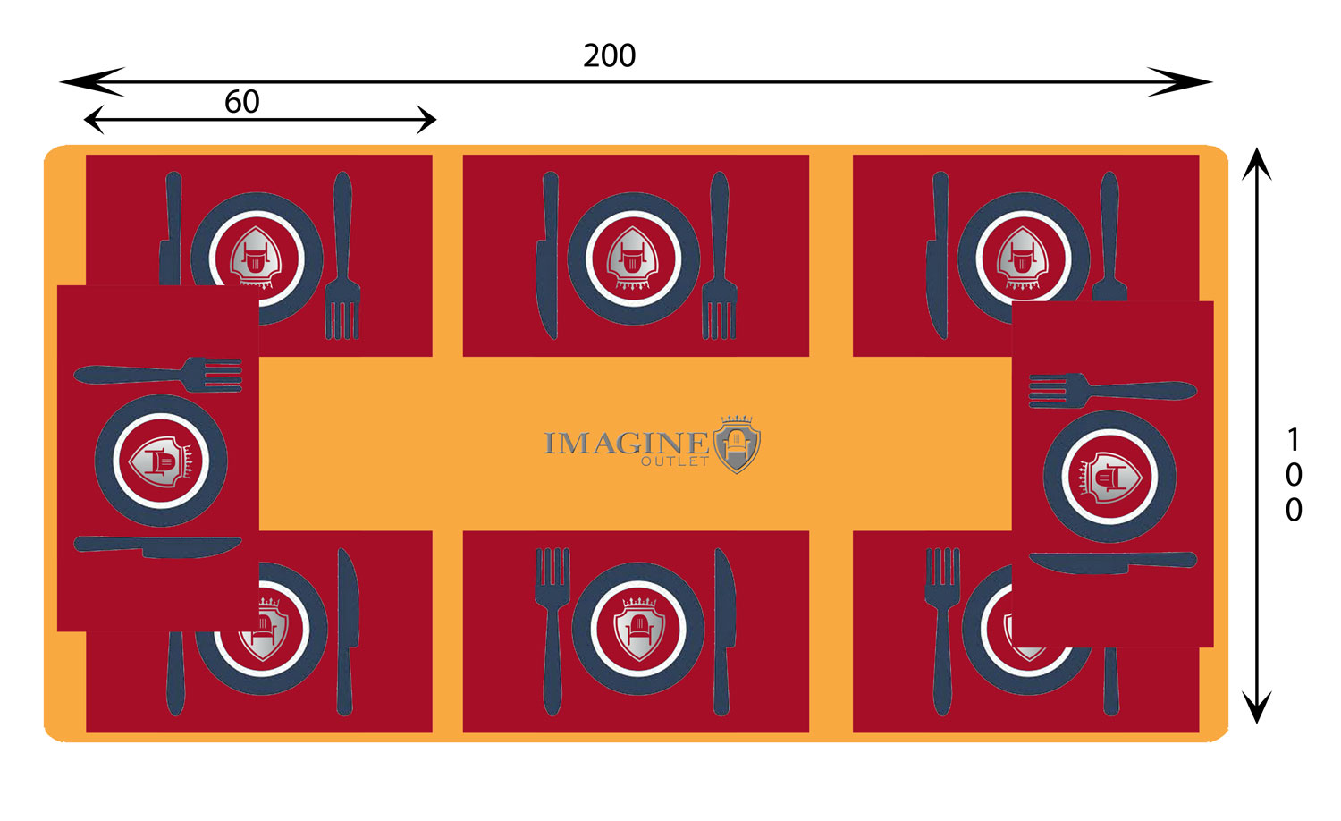 Mesa rectangular de 200 cm de diámetro con 8 comensales (60x35 por comensal)