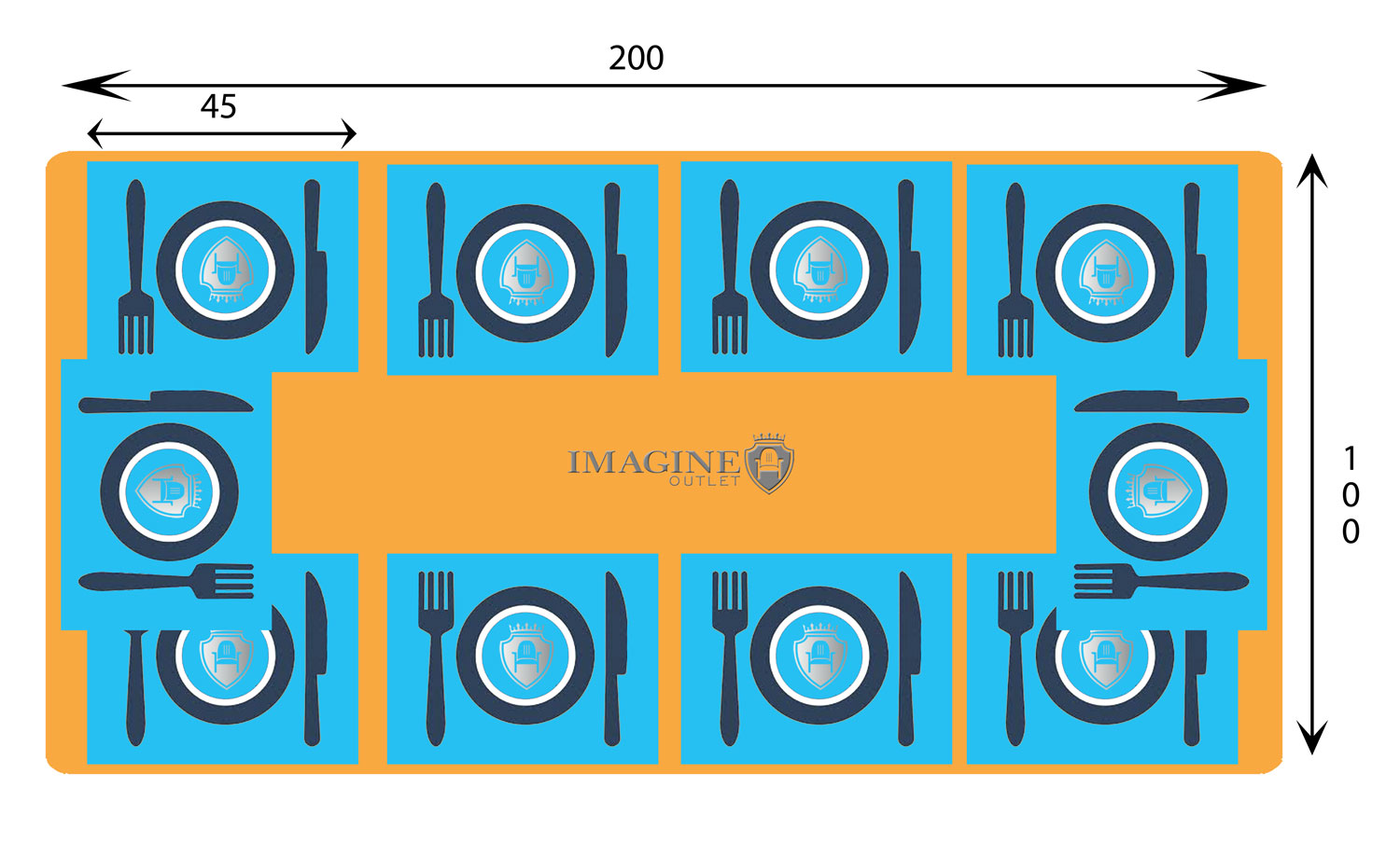 Mesa rectangular de 200 cm de diámetro con 10 comensales (45x35 por comensal)