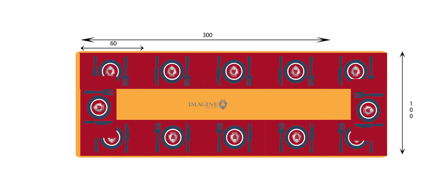 Mesa rectangular de 300 cm de diámetro con 12 comensales (60x35 por comensal)