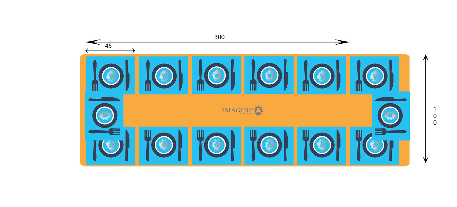 Mesa rectangular de 300 cm de diámetro con 14 comensales (45x35 por comensal)