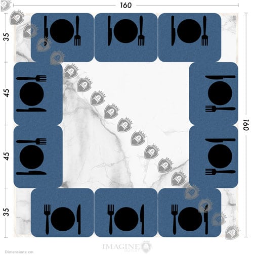 ¿Para cuántos invitados hay una mesa cuadrada de 160x160 cm? Mesa cuadrada 160x160 cm con 10 comensales 45x35 cm por comensal