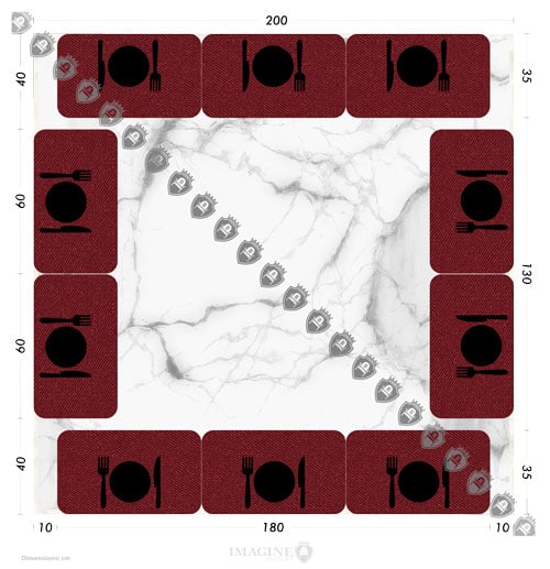 Mesa cuadrada 200x200 cm con 10 comensales 60x35 cm por comensal