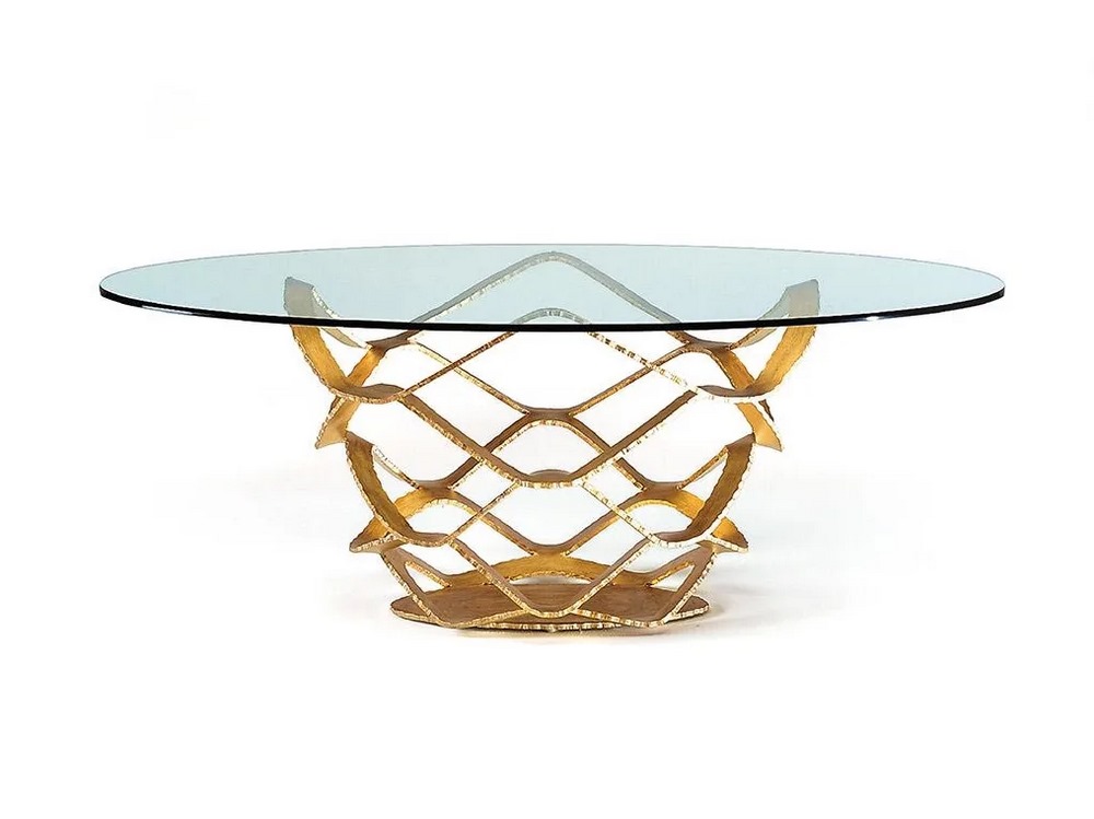 Table en verre avec base en métal laqué or NEOLITICO